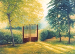 il cancello tra le siepi nel parco olio su tela 70 x 90